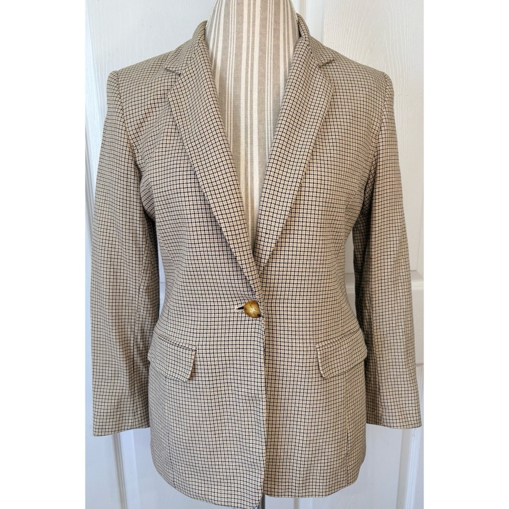 90s LIZ CLAIBORNE Classics Tan Check Plaid Fitted Rayon Blazer USA Size 8P